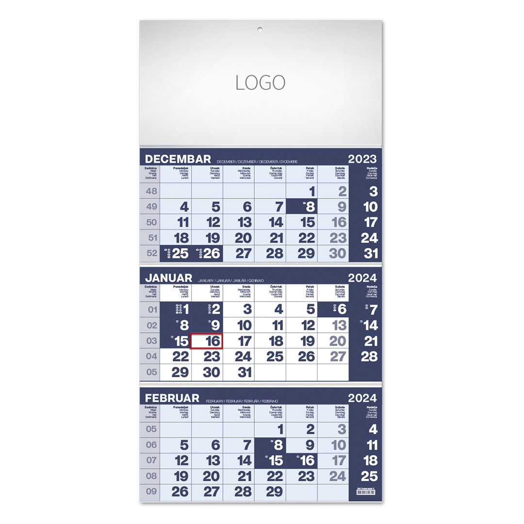 Zidni kalendar, 3 x 12 listova, tromesečni, trodelni